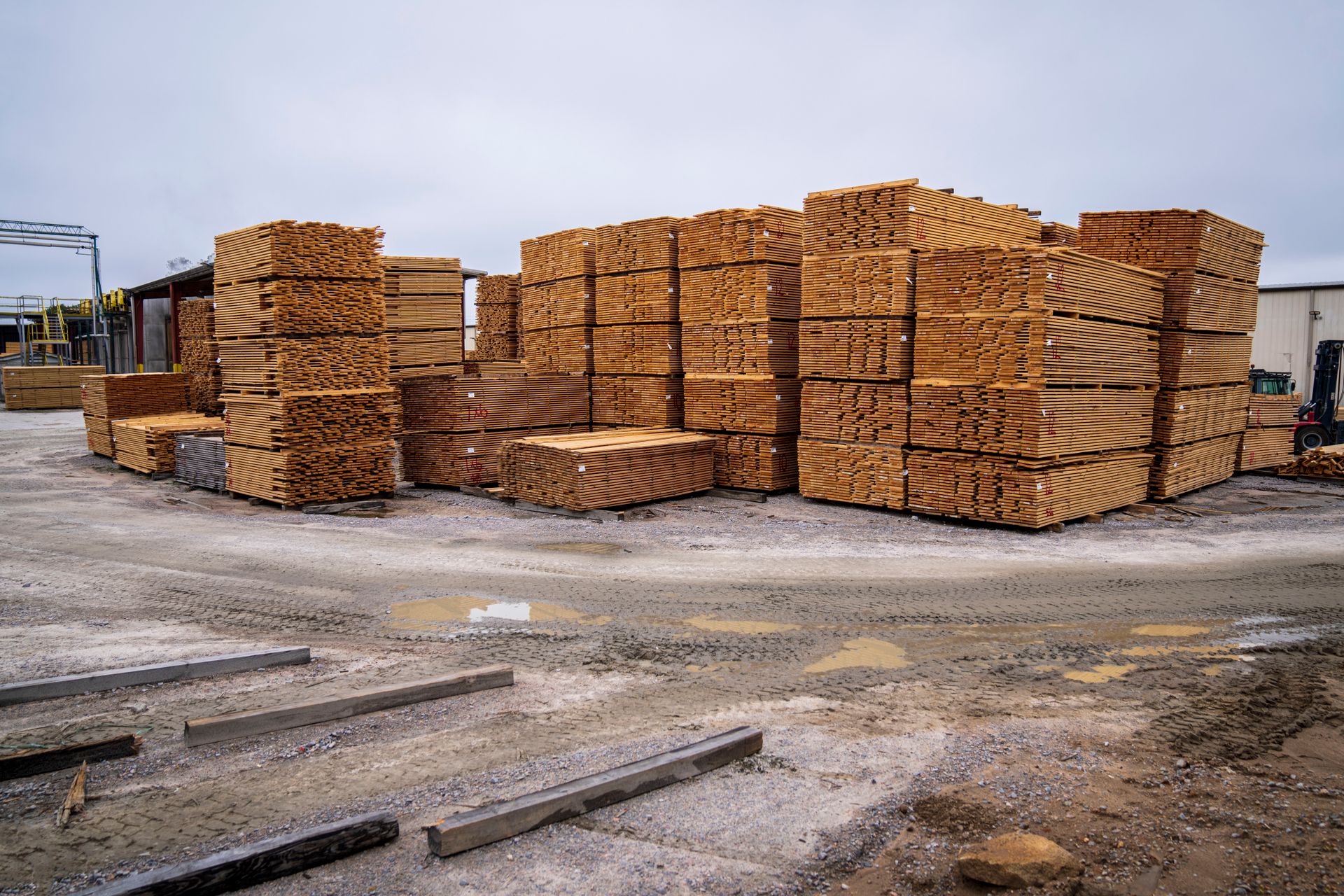 Sawn timber planks stacked in a commercial lumber yard